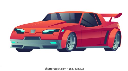 Sports car with spoiler red color isolated on white background. Detailed expensive racing auto unique aerodynamic design. Wheel drive coupe engine with toned windows tuning Cartoon vector illustration