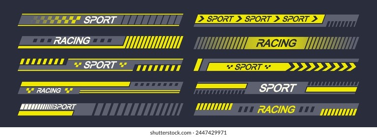 Las Pegatinas De Coches Deportivos Cuentan Con Diseños De Vector Que Simbolizan La Velocidad Y Las Carreras. Calcomanías De Automóvil, Rayas De Rally O Flecha