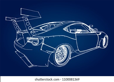 Sports car. Stock Illustration in the style of hand-drawn linear graphics.