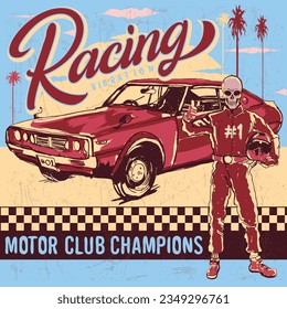 Sports car, in a sunny day, some palm tree, a skull racer in costume, holding helmet, nice typography and background, with vintage look checker design.