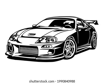 Sports car. Super car. Drift Racing auto. Vector monochrome illustration. Cutting file ploterdatei. T shirt design print vinyl decal. Black and white illustratin svg