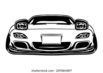 Sports car. Super car. Drift Racing auto. Vector monochrome illustration. Cutting file ploterdatei. T shirt design print vinyl decal. Black and white illustratin