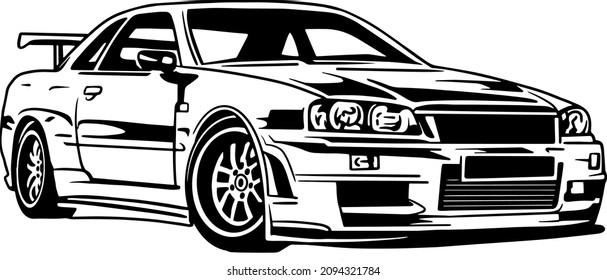 Sports car. Super car. Drift Racing auto. Vector monochrome illustration. Cutting file ploterdatei. T shirt design print vinyl decal. Black and white illustratin svg