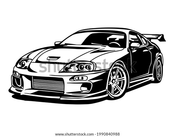 Sports car. Super car. Drift Racing\
auto. Vector monochrome illustration. Cutting file ploterdatei. T\
shirt design print vinyl decal. Black and white\
illustratin