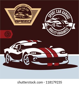 Sports car vector. Sports car club emblem, label and stamp set.