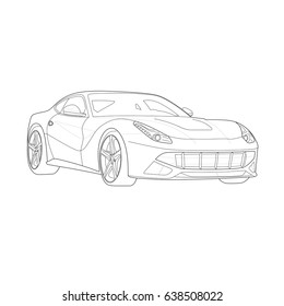 Sports car. Vector draw with black lines. Technical drawing 