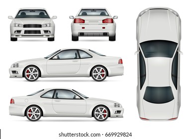 Sports car vector mock-up. Isolated template of coupe car on white. Vehicle branding mockup. View from side, front, back, top. All elements in the groups on separate layers. Easy to edit and recolor.