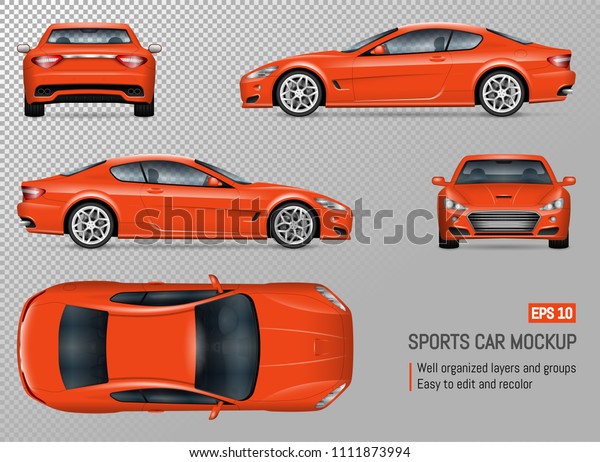 Sports car vector\
mockup. Isolated template of supercar on transparent background for\
vehicle branding, corporate identity. View from left, right, front,\
back, and top sides