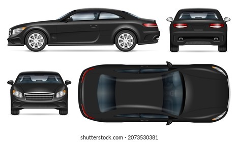 Sports car vector mockup on white background for vehicle branding, corporate identity. View from side, front, back, and top. All elements in the groups on separate layers for easy editing and recolor.