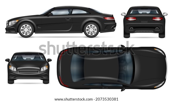 Sports car vector mockup on white background for
vehicle branding, corporate identity. View from side, front, back,
and top. All elements in the groups on separate layers for easy
editing and recolor.