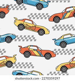 Sports car vector seamless pattern. For apparel prints, fabrics, and other uses.