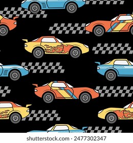 Sports car vector seamless pattern. For apparel prints, fabrics, and other uses.