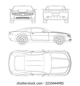 Sports car vector template. Sports car blueprint. Car on white background. Mockup template for branding. Blank vehicle branding mockup.