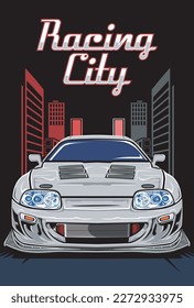 sports car vector template with buildings background, can use auto modified logo t shirt, clothing, sticker group community, poster, flyer banner	