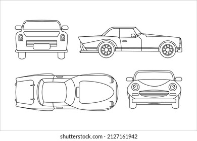 sports car vehicle outline design top view, front view, rear view and side view isolated on white background