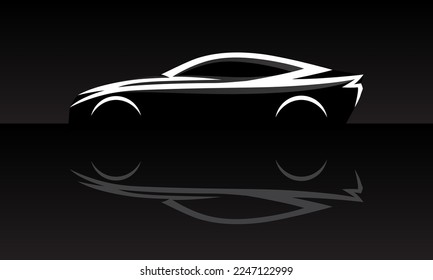 Sports car vehicle silhouette side profile. Auto garage dealership showroom background. Vector illustrations.