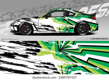 Sports car wrap design. Dominated by black, green, white. There are sharp star and line shapes depicting speed and courage. Suitable for racing, drift or exhibition