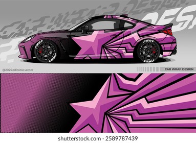 Sports car wrap design. Dominated by black, purple, white. There are sharp star and line shapes depicting speed and courage. Suitable for racing, drift or exhibition