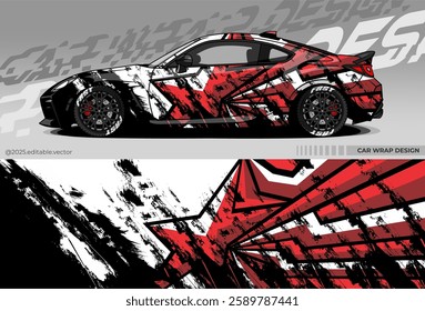 Sports car wrap design. Dominated by black, red, white. There are sharp star and line shapes depicting speed and courage. Suitable for racing, drift or exhibition