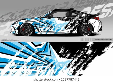 Sports car wrap design. Dominated by black, blue, white with frozen ice theme. There are sharp star and line shapes depicting speed and courage. Suitable for racing, drift or exhibition