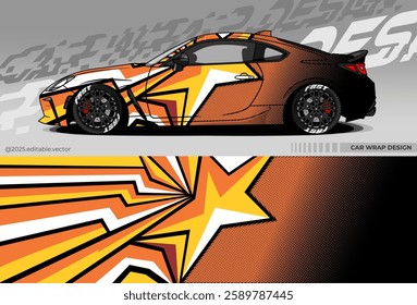 Sports car wrap design. Dominated by black, yellow, white. There are sharp star and line shapes depicting speed and courage. Suitable for racing, drift or exhibition