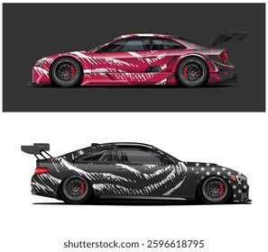 Sports car wrap design, Grunge waving American flag