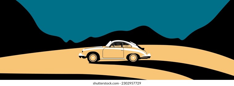 Sports car in yellow color. Retro drawing.