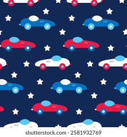 Sports cars kids seamless pattern. Cartoon vehicles for boy nursery wallpaper. Color repeat fabric print with transport for baby clothes, boys outerwear, kindergarten textiles. Dark blue background.