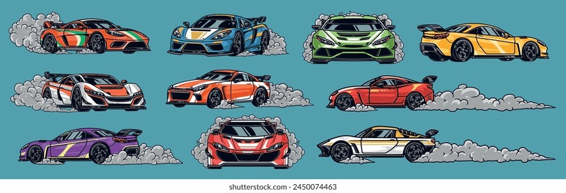 Sports cars set emblems colorful with cool and fast automobiles with smoke under wheels during drift race vector illustration