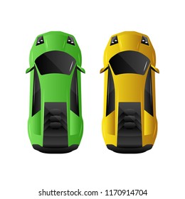 Sports cars top view. Green and yellow car. Vector illustration. Racing game elements.