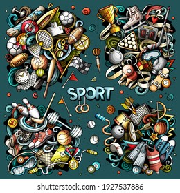 Sports Cartoon Vector Doodle Designs Set. Colorful Detailed Compositions With Lot Of Sporting Objects And Symbols. All Items Are Separate