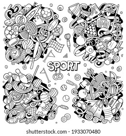 Sports cartoon vector doodle designs set. Line art detailed compositions with lot of sporting objects and symbols. All items are separate