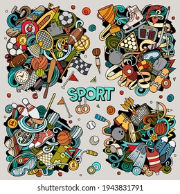 Sports Cartoon Vector Doodle Designs Set. Colorful Detailed Compositions With Lot Of Sporting Objects And Symbols. All Items Are Separate