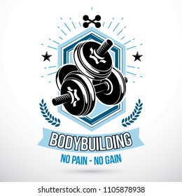 Sports center conceptual vector emblem composed using dumbbell with weight discs.