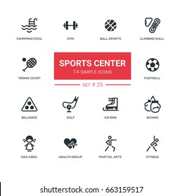 Sports Center - Modern Vector Icons, Pictograms Set. Swimming Pool, Gym, Fitness, Climbing Wall, Tennis Court, Football, Kids Area, Golf, Ice Rink, Boxing, Martial Arts, Health Group, Billiards