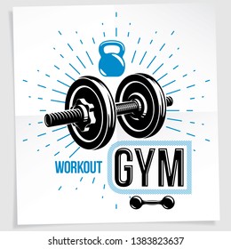 Sports center vector advertising poster made using disc weight dumbbell and kettle bell sport fitness and power lifting equipment.