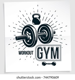 Sports center vector advertising poster made using disc weight dumbbell and kettle bell sport fitness and power lifting equipment.