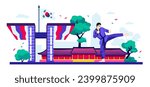 Sports centers and martial arts - modern colored vector illustration with Olympic Park in Seoul and World Peace Gate, taekwondo fighter in kimono, Gyeonghuigung Palace and national flag. South Korea