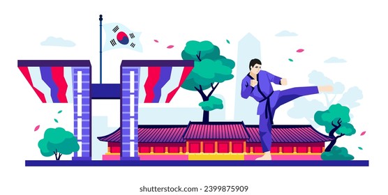 Centros deportivos y artes marciales - moderna ilustración vectorial de color con Parque Olímpico en Seúl y Puerta de la Paz Mundial, luchador de taekwondo en kimono, Palacio Gyeonghuigung y bandera nacional. Corea del Sur