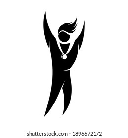 The sports champion with a medal rejoices in the victory. Monochrome stylized image, logo, icon, sign, emblem in a flat, simplified style. Isolated vector illustration