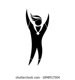 The sports champion with a medal rejoices in the victory. Monochrome stylized image, logo, icon, sign, emblem in a flat, simplified style. Isolated vector illustration