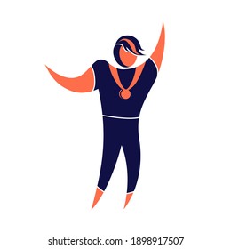 The sports champion with a medal rejoices in the victory. Color stylized image, logo, icon, sign, emblem in a flat, simplified style. Isolated vector illustration