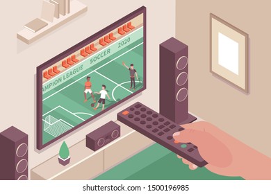 Sports Channel Indoor Composition With Images Of Home Theater System Tv Screen And Hand With Remote Vector Illustration