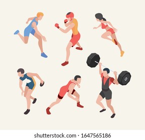 Sports characters. Isometric olympic games players runners jumpers weightlifting cycling vector sport