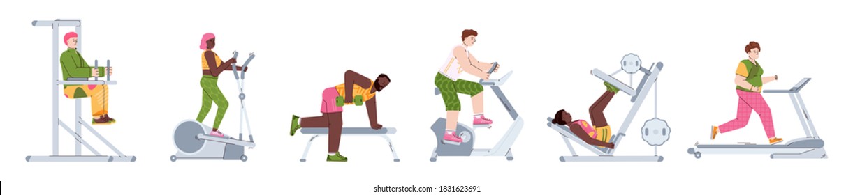 Sports characters people using various sports simulators and equipment, cartoon flat vector illustration isolated on white background. Gym workout and sport training.