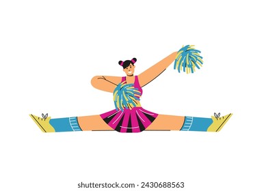 Sports cheerleader performs cheering and chanting, dancing in support of a sports team, flat cartoon vector illustration isolated on white background.