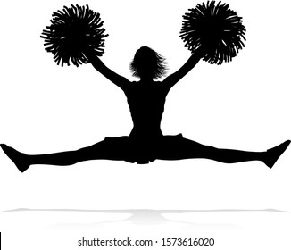 Sports cheerleader in silhouette with pompoms