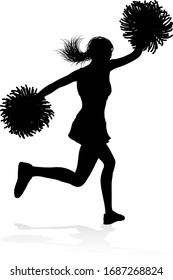 Sports cheerleader in silhouette with pompoms