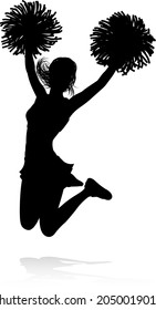 Sports cheerleader in silhouette with pompoms