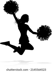 Sports cheerleader in silhouette with pompoms